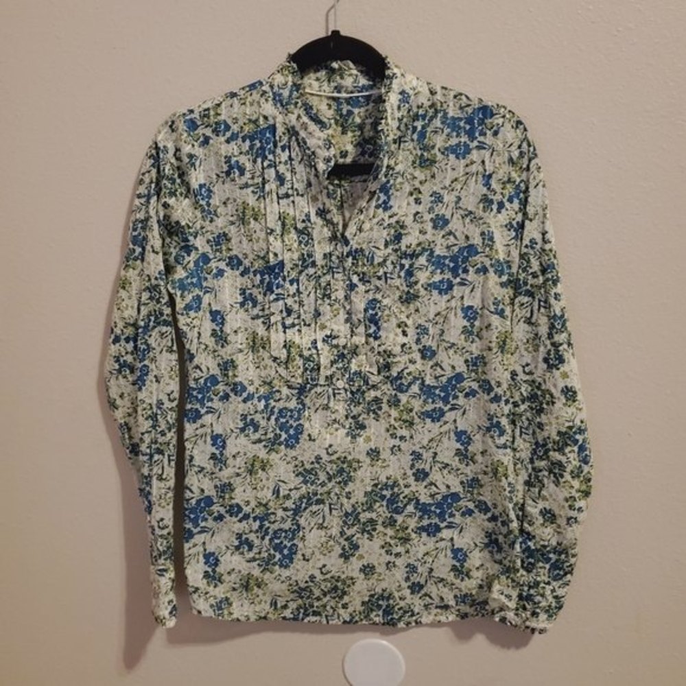 J.crew white blue floral smocked ruffled button up long sleeve shirt top